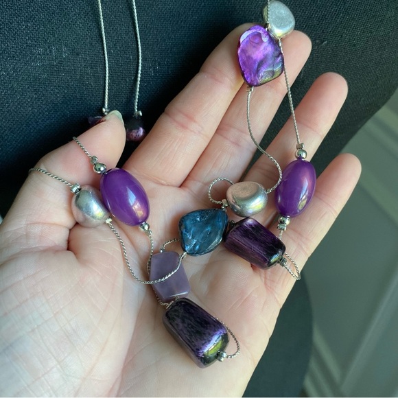 Long Double Strand Purple & Silver Bead Necklace & Earring Set - Picture 5 of 6
